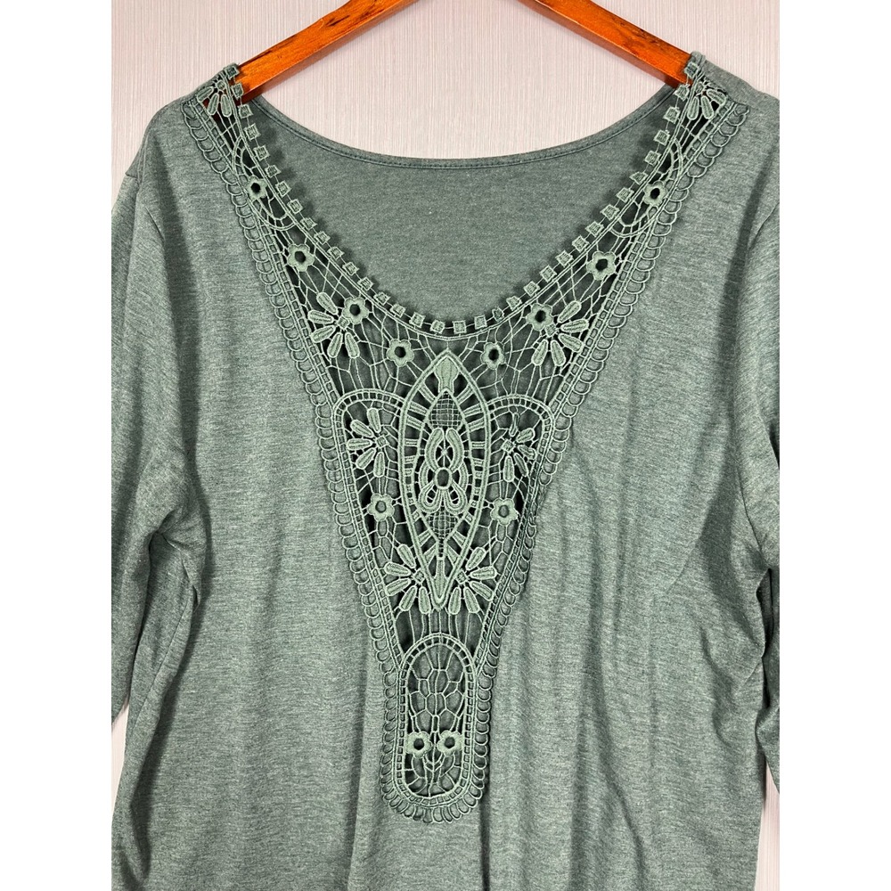Crochet Lace V-Neck Long Sleeve Top Women XXL Green Boho Romantic Casual